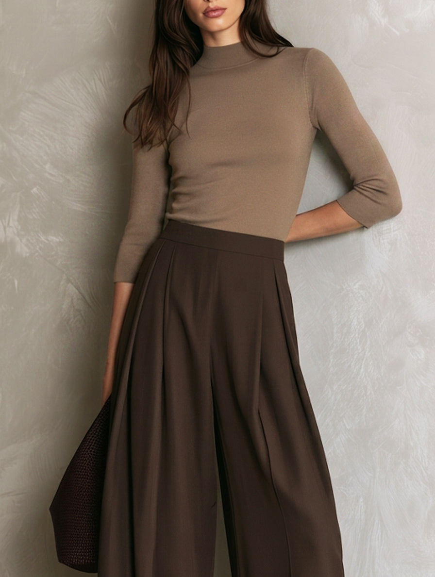 Marielle | Women's Khaki Knit Top and Trouser Two-Piece Set