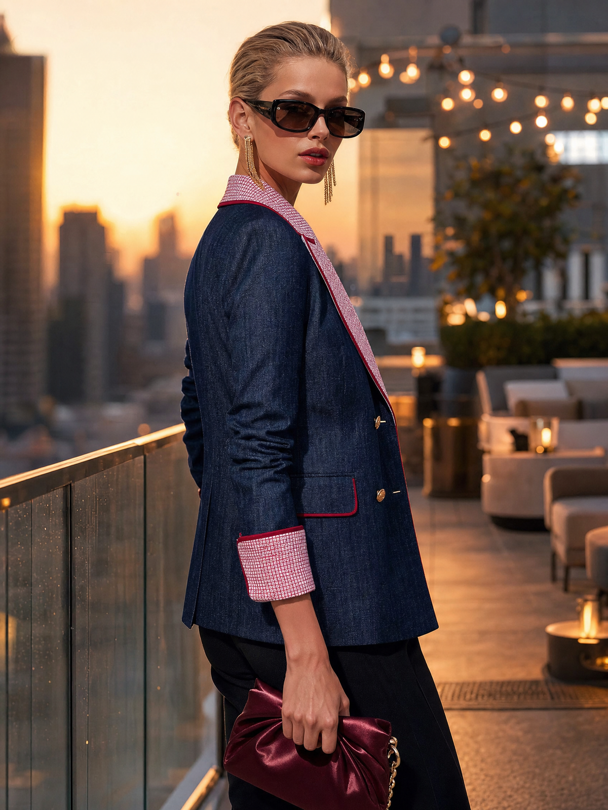 Marlowe | Women's Checked Peak-Lapel Color-Block Blazer