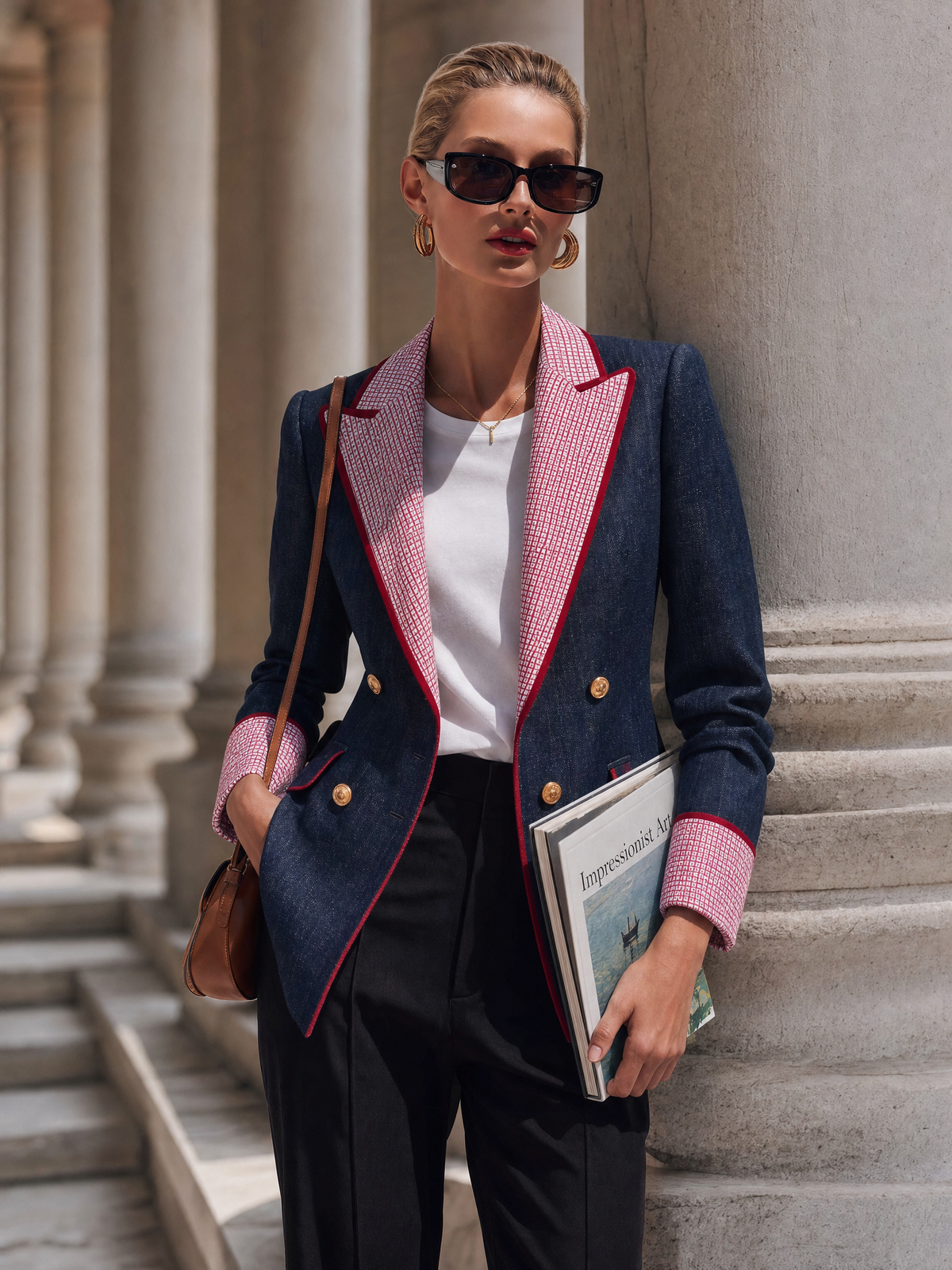 Marlowe | Women's Checked Peak-Lapel Color-Block Blazer