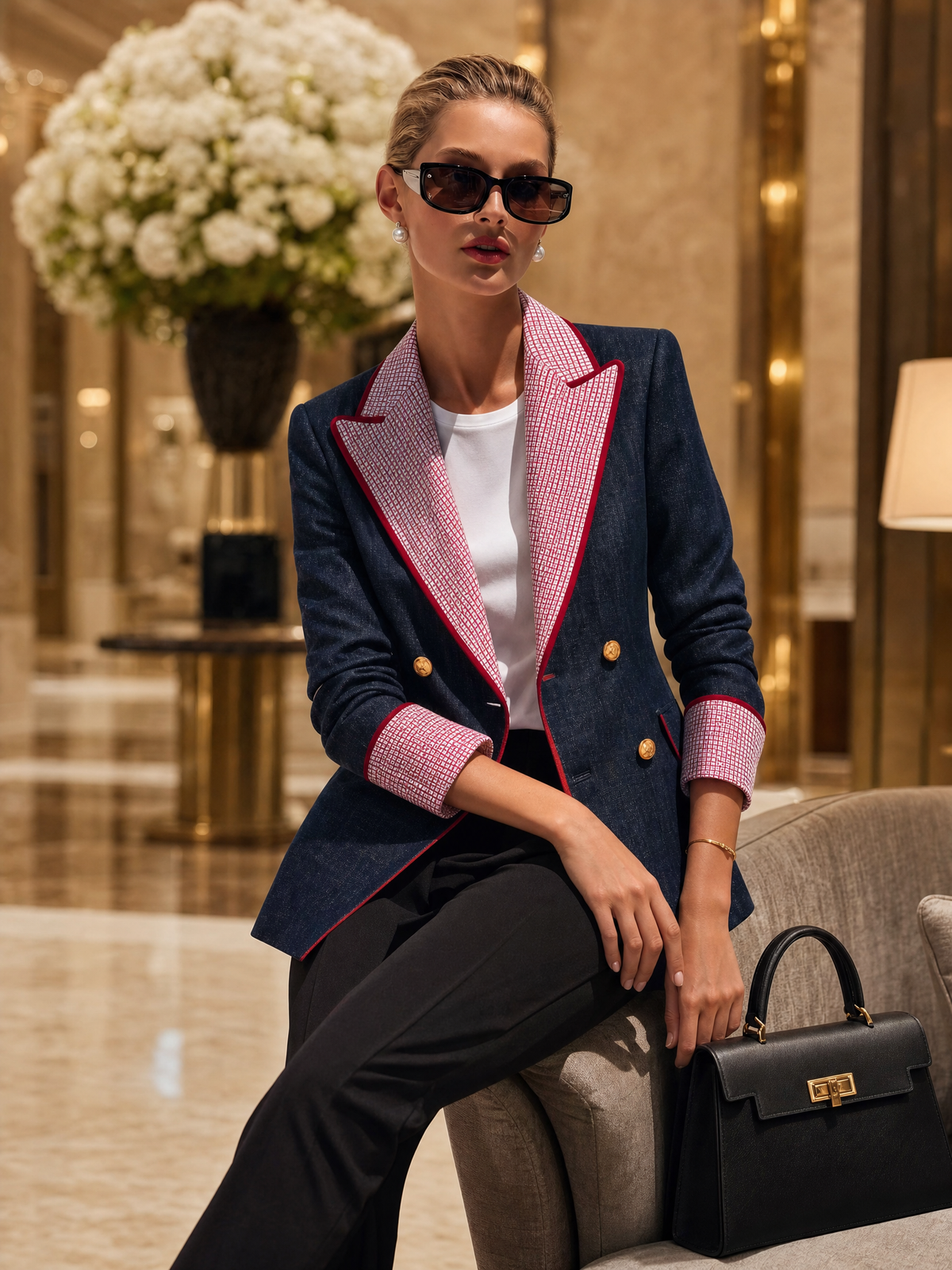 Marlowe | Women's Checked Peak-Lapel Color-Block Blazer