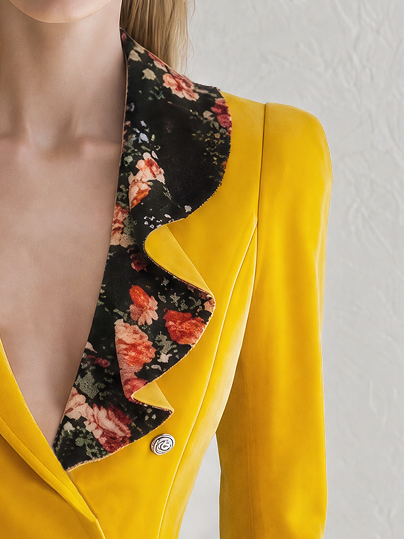 Marigold | Women's Velvet Ruffle-Neck Double-Breasted Blazer