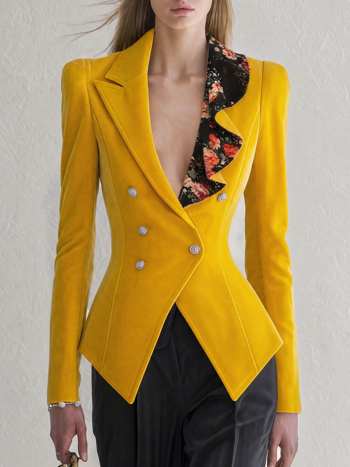 Marigold | Women's Velvet Ruffle-Neck Double-Breasted Blazer