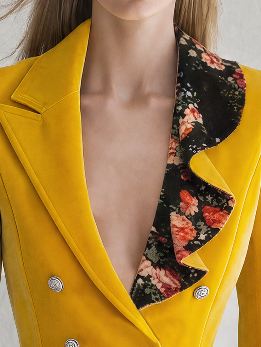 Marigold | Women's Velvet Ruffle-Neck Double-Breasted Blazer