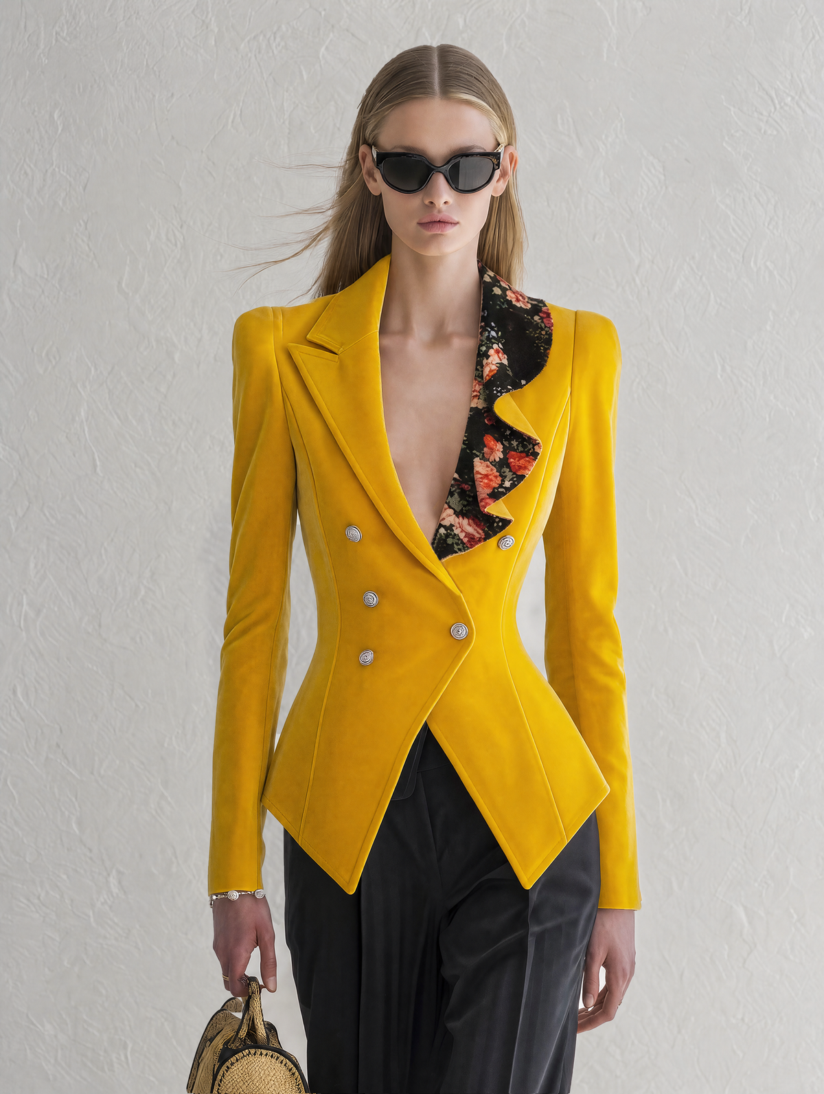 Marigold | Women's Velvet Ruffle-Neck Double-Breasted Blazer