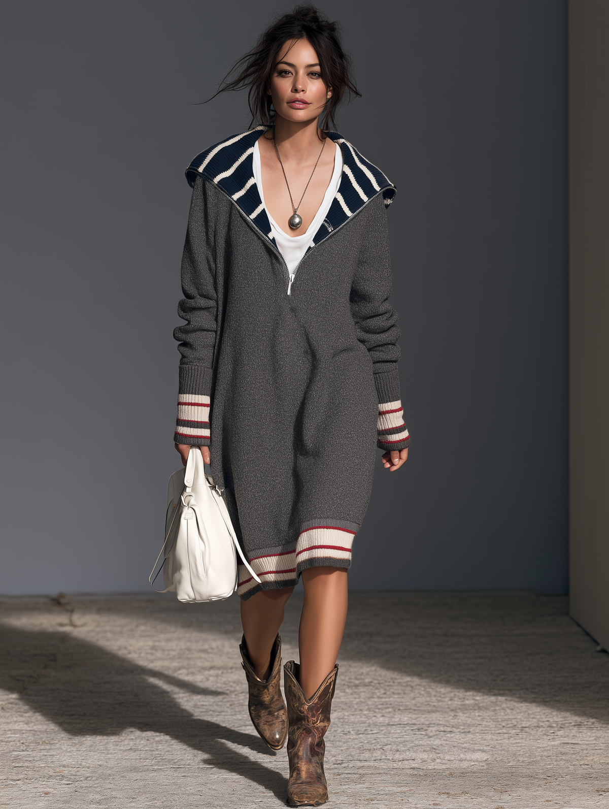 Marielle | Women's Vintage Striped Zip-Front Midi Sweater Dress