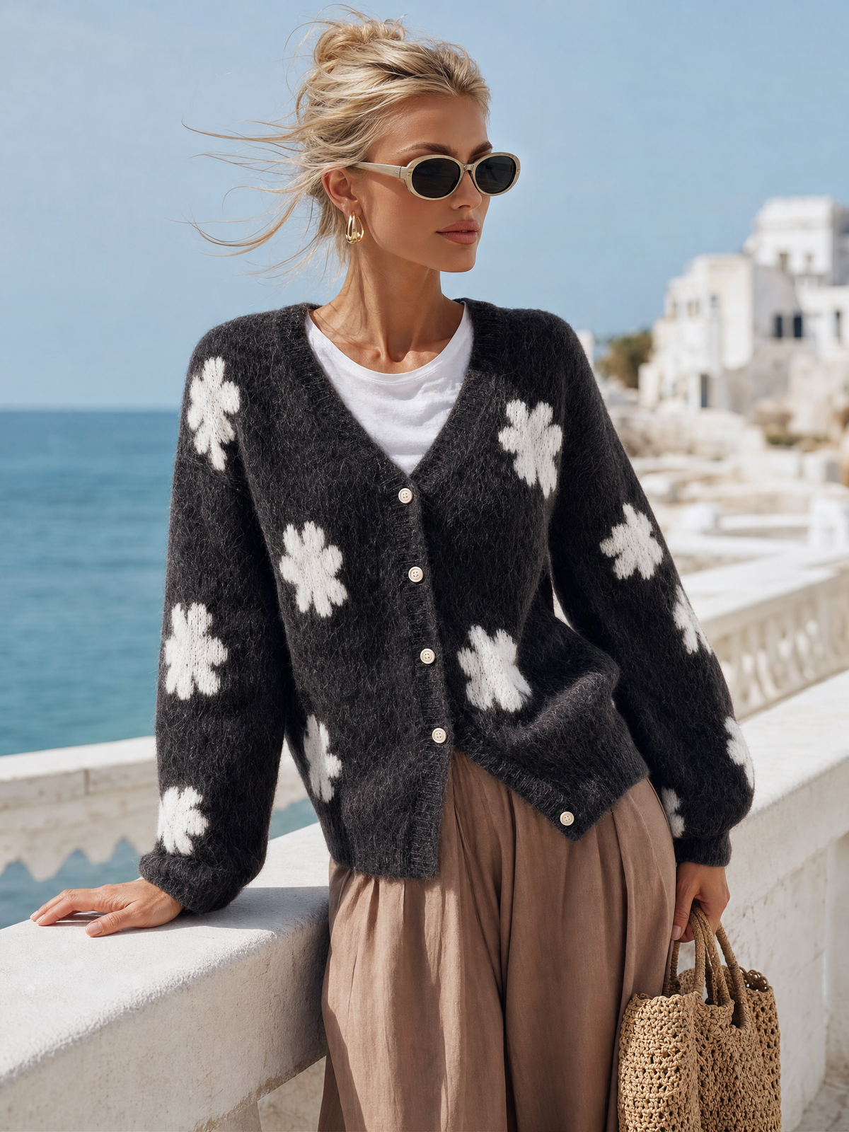 Marigold | Women's Floral Fringe Oversized Knit Cardigan