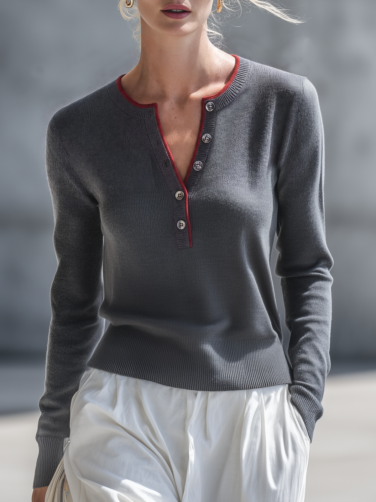 Margot | Women's Henley-Neck Contrast Piping Knit Top