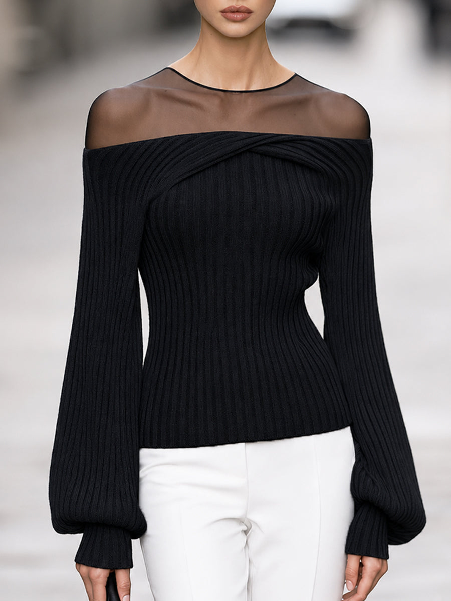 Marisol | Women's Sheer Mesh Yoke Off-Shoulder Knit Sweater