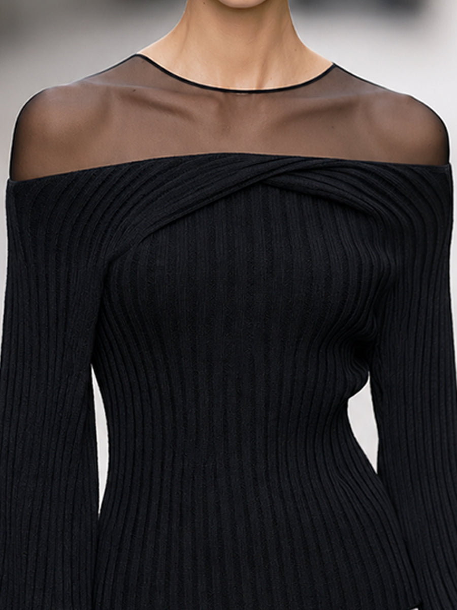 Marisol | Women's Sheer Mesh Yoke Off-Shoulder Knit Sweater