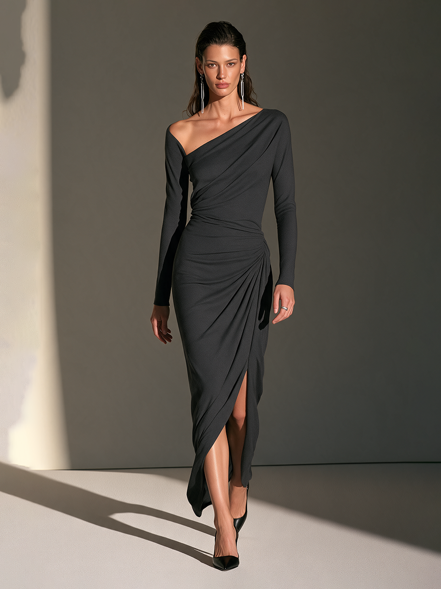 Isolde | Women's Asymmetric-Neck Ruched Slit Bodycon Maxi Dress