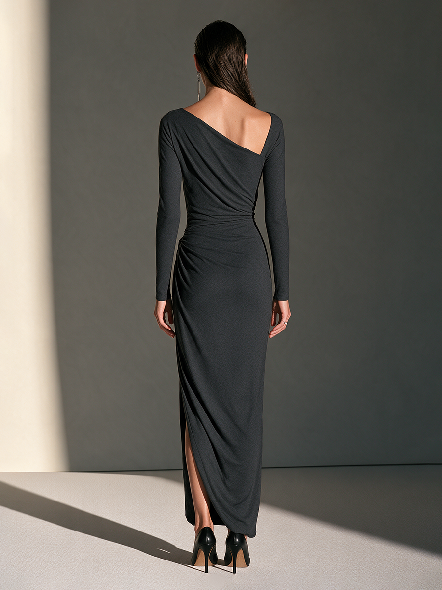 Isolde | Women's Asymmetric-Neck Ruched Slit Bodycon Maxi Dress