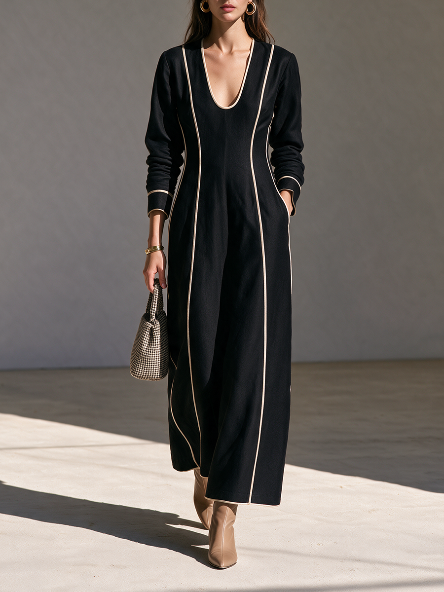 Adeline | Women's Deep U-Neck Belted Maxi Dress