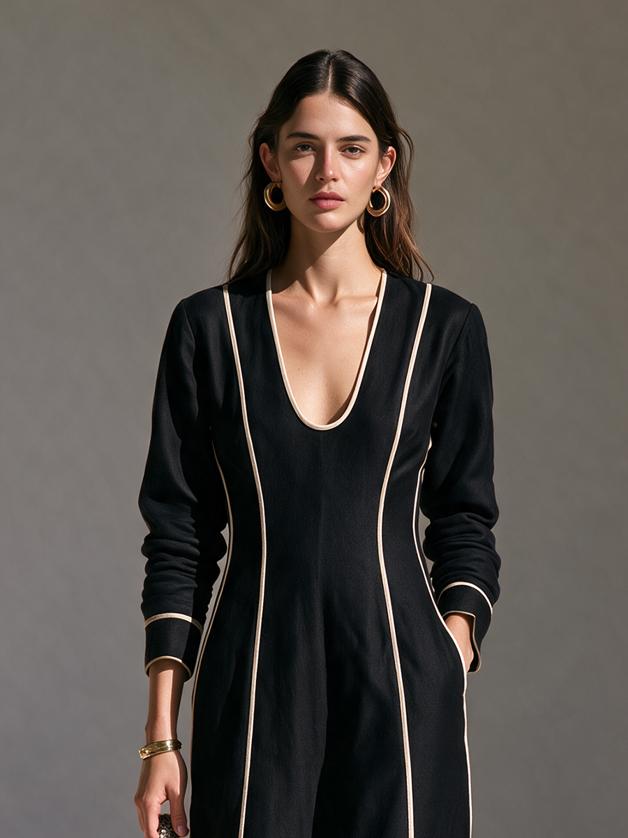 Adeline | Women's Deep U-Neck Belted Maxi Dress
