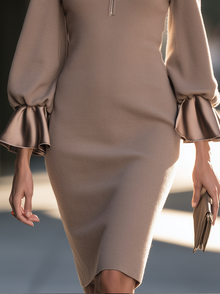 Odessa | Women's Zip-Front Balloon Sleeve Knit Midi Dress