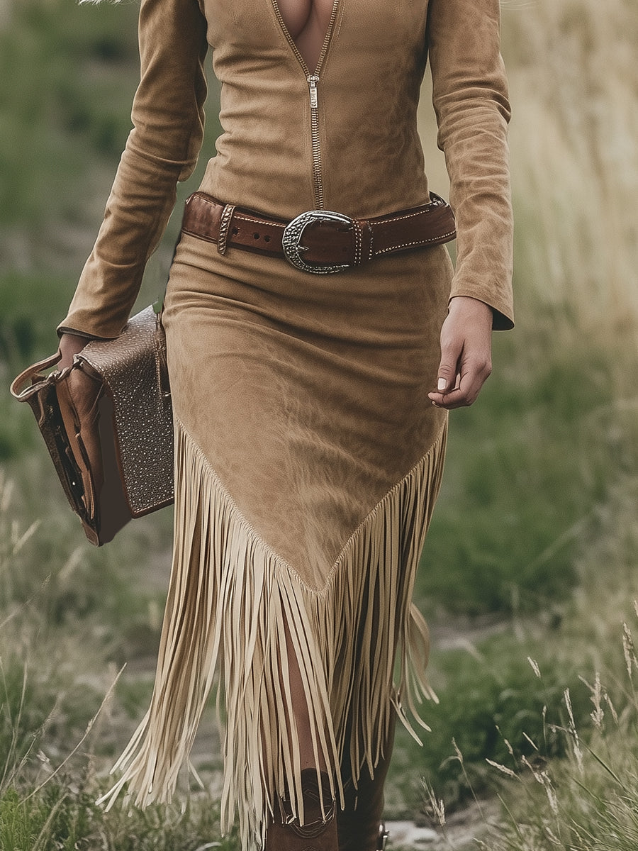 Dakota | Women's Western Lapel Zip-Front Tasseled Midi Dress