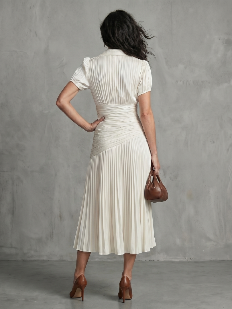 Theodora | Women's Pleated Waistline Striped Midi Dress