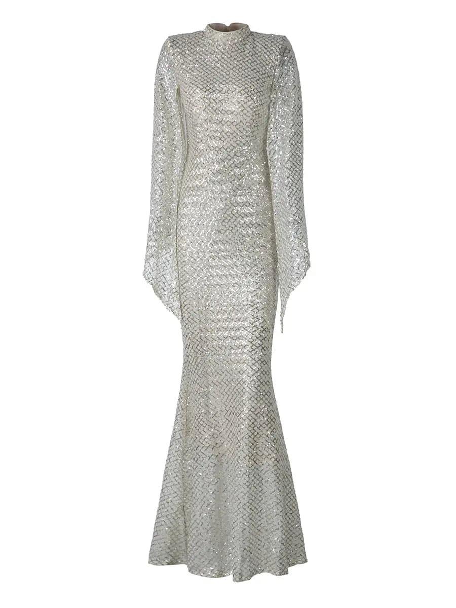 Seraphina | Women's High Neck Sequin Bell Sleeve Mermaid Maxi Dress
