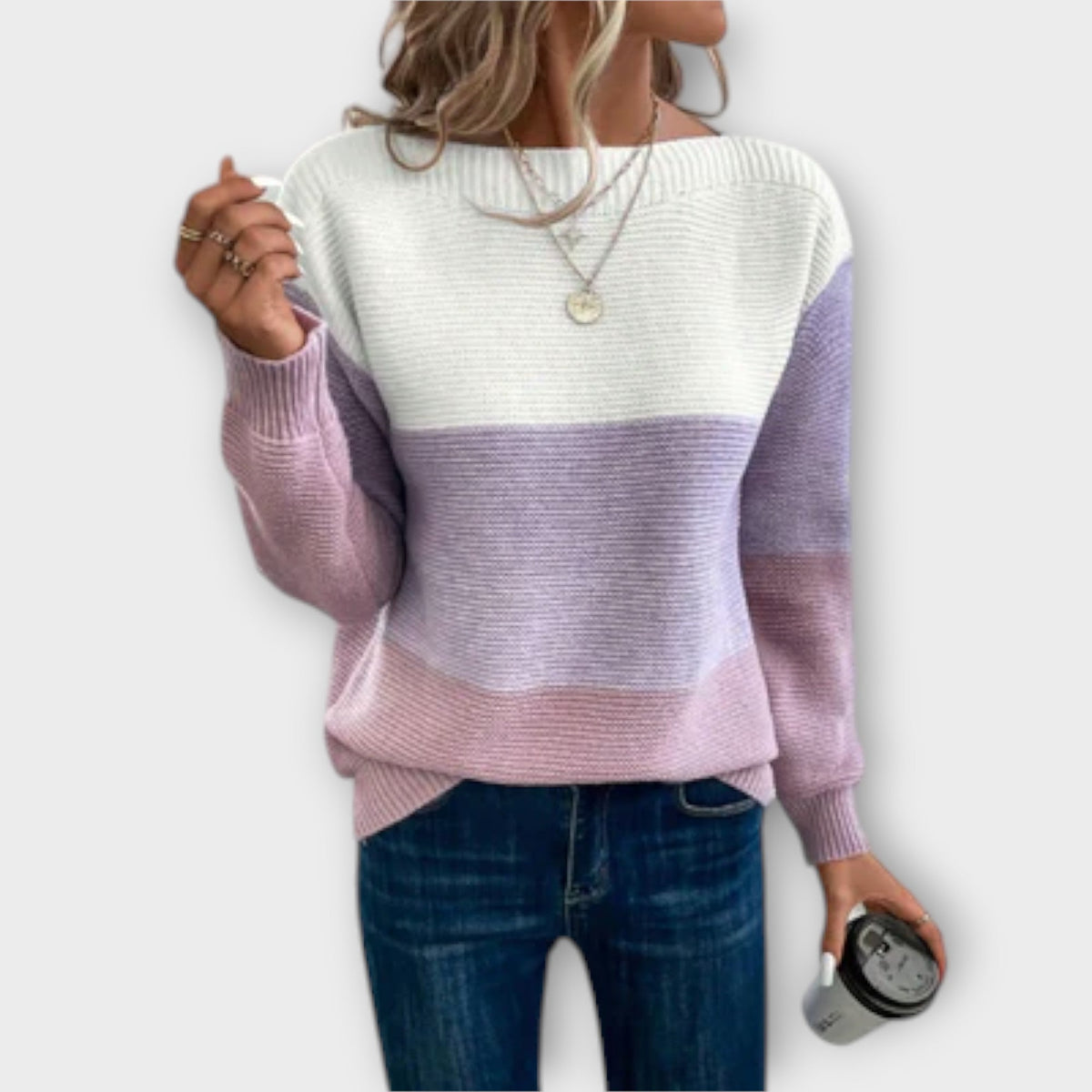 Marina | Women's Color Block Ribbed Sweater with Wide Round Neck