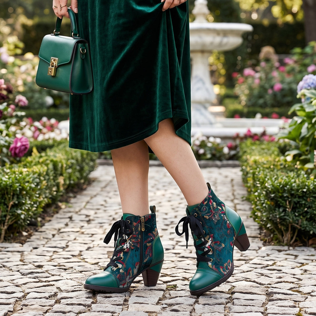 Marisol | Women's Floral Velvet Lace-Up Ankle Boots