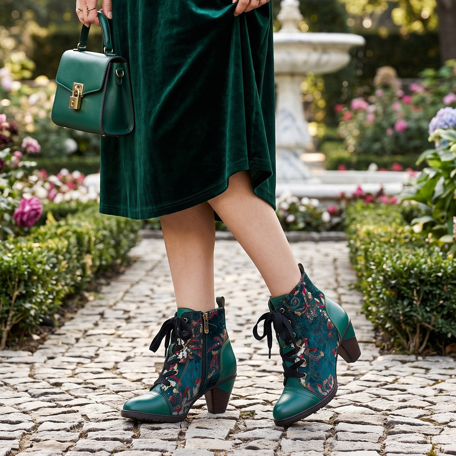 Marisol | Women's Floral Velvet Lace-Up Ankle Boots