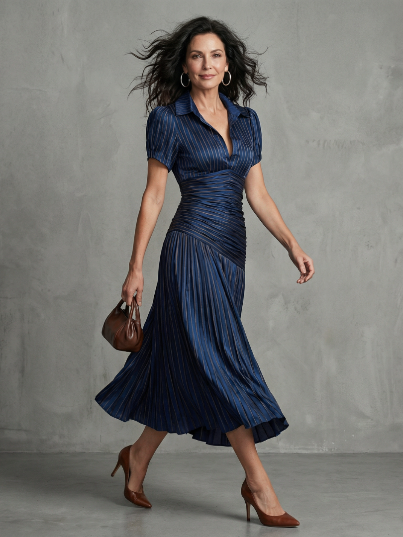 Theodora | Women's Pleated Waistline Striped Midi Dress