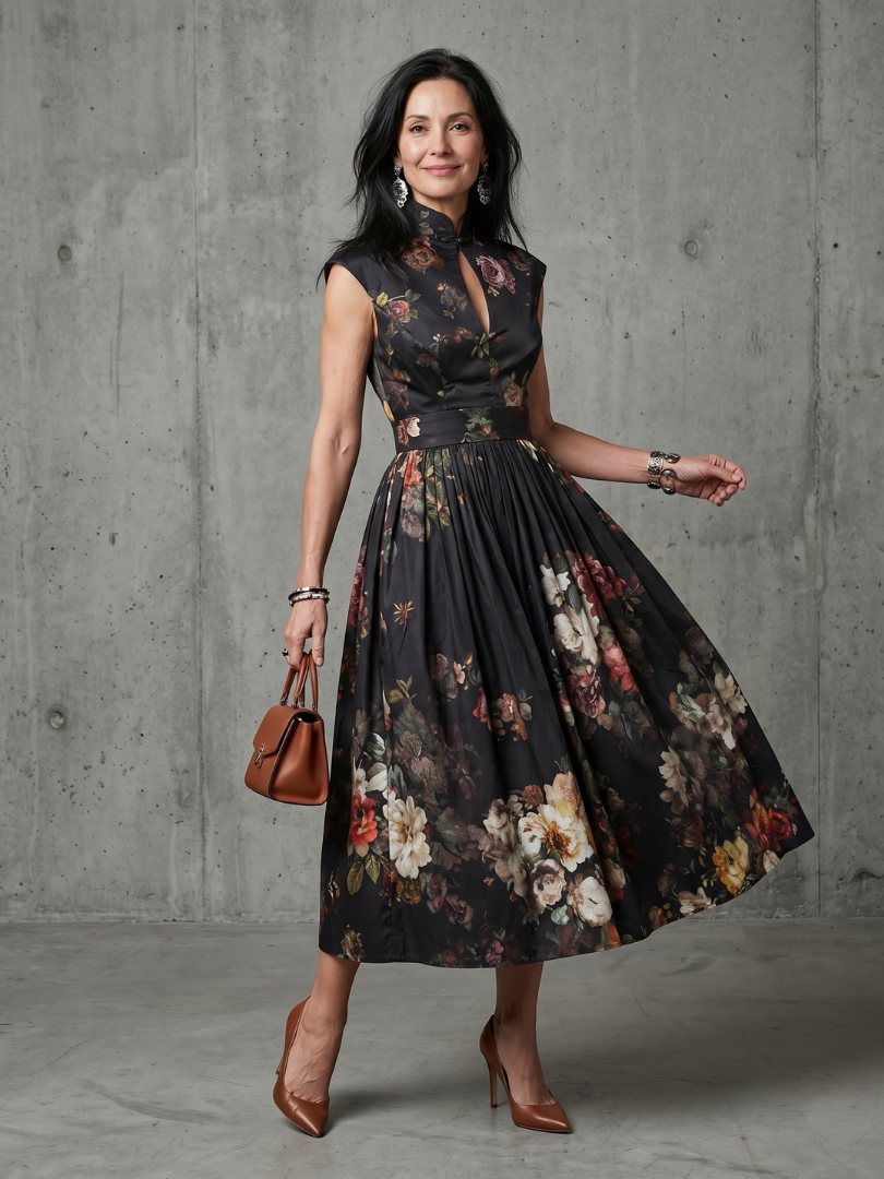 Greta | Women's High Neck Keyhole Pleated Midi Dress