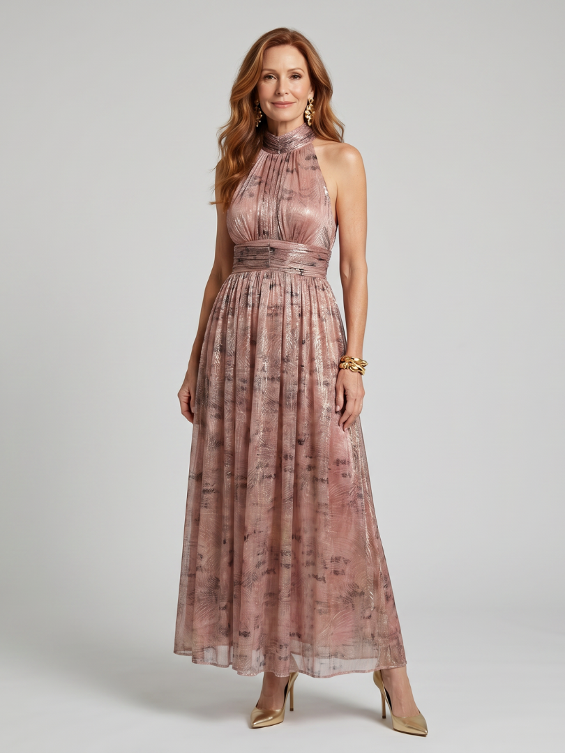 Imogen | Women's Textured Pleated High-Neck Midi Dress