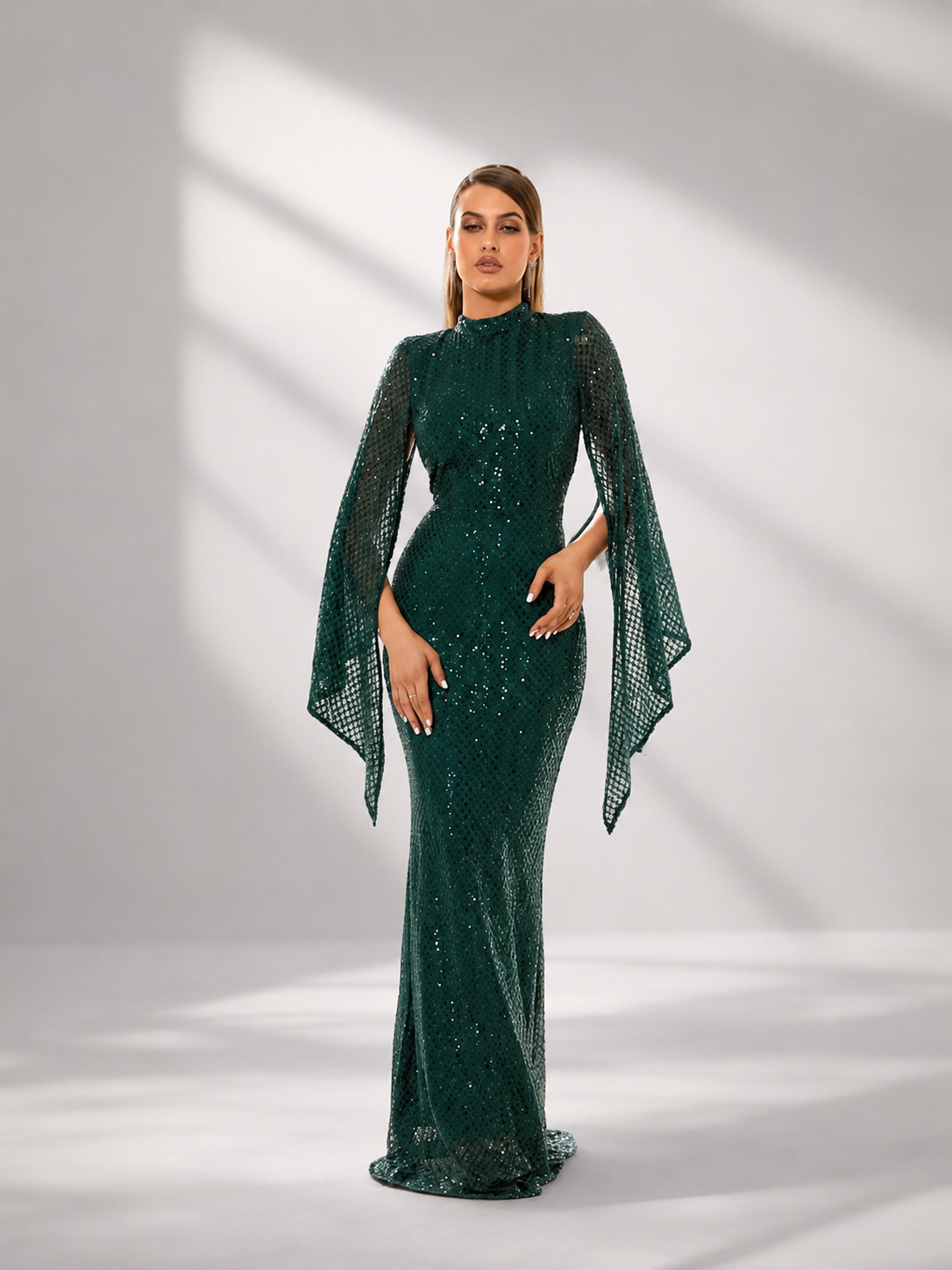 Seraphina | Women's High Neck Sequin Bell Sleeve Mermaid Maxi Dress