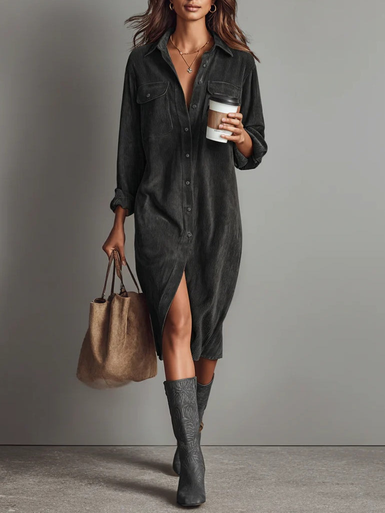 Marielle | Women's Loose-Fit Corduroy Midi Dress with Chest Pockets