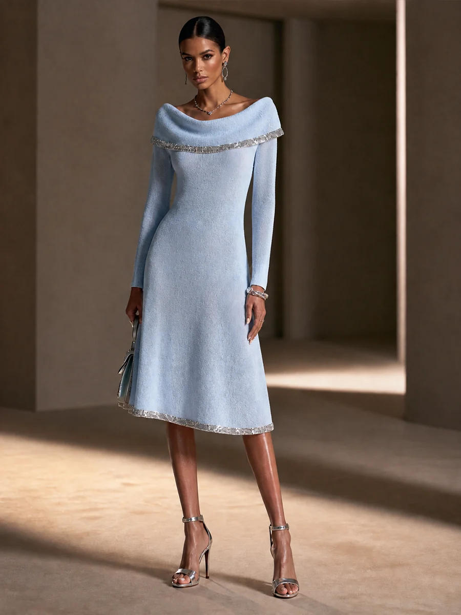 Marielle | Women's Off-Shoulder Trim Knit Midi Dress