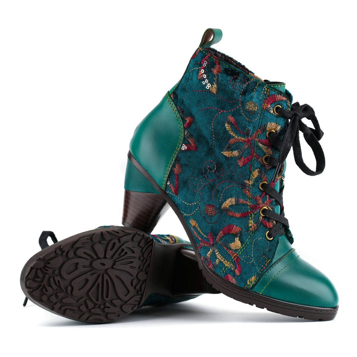Marisol | Women's Floral Velvet Lace-Up Ankle Boots