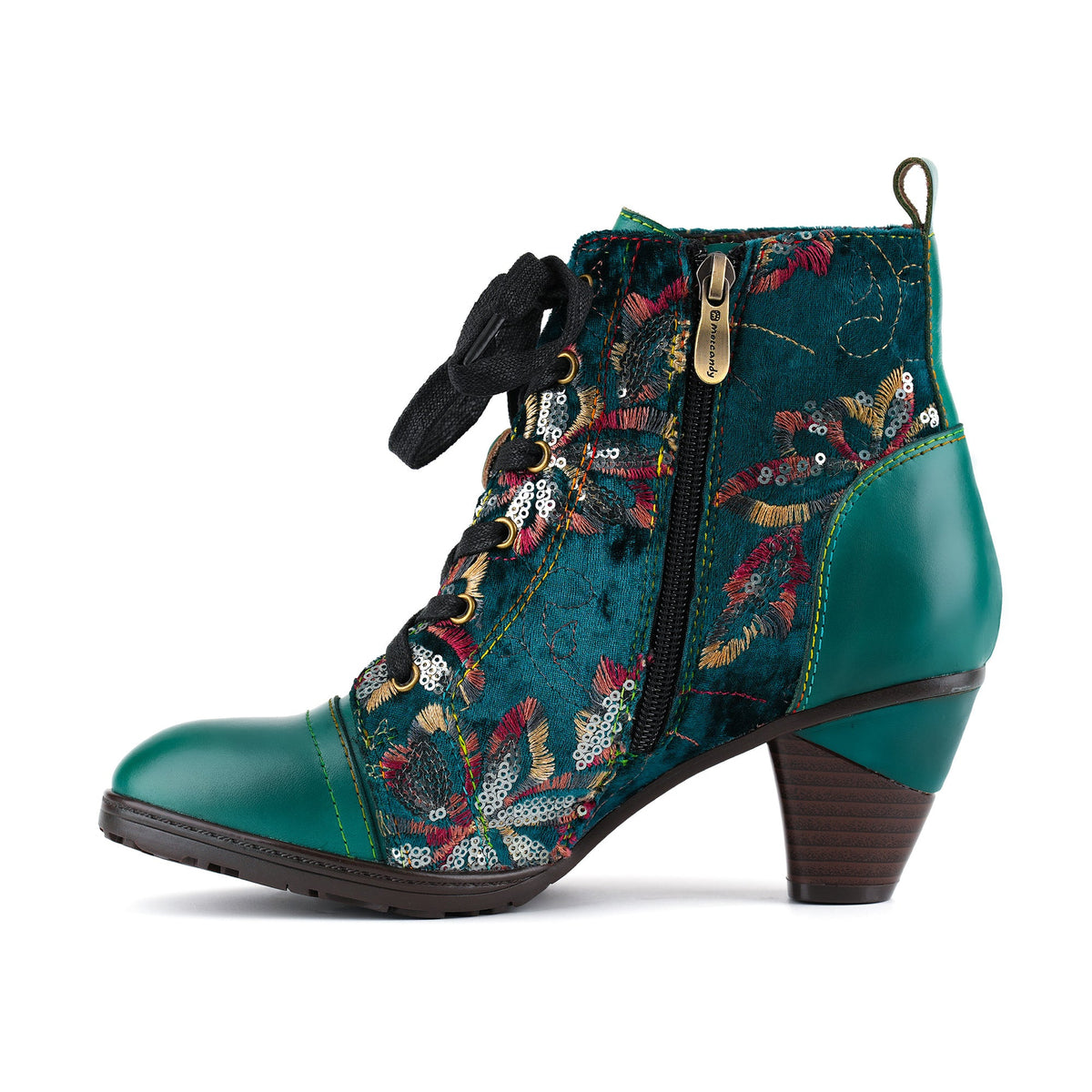 Marisol | Women's Floral Velvet Lace-Up Ankle Boots