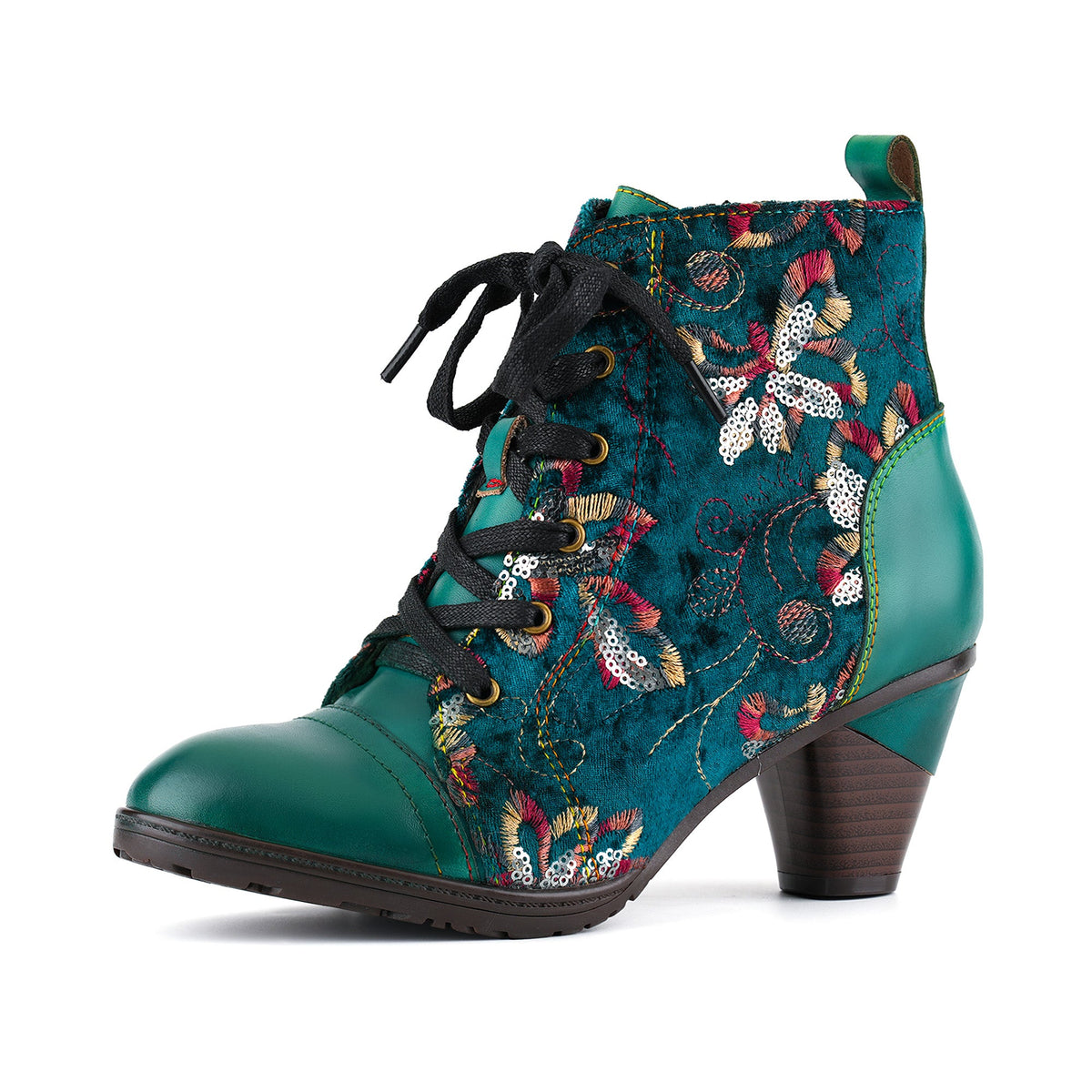 Marisol | Women's Floral Velvet Lace-Up Ankle Boots