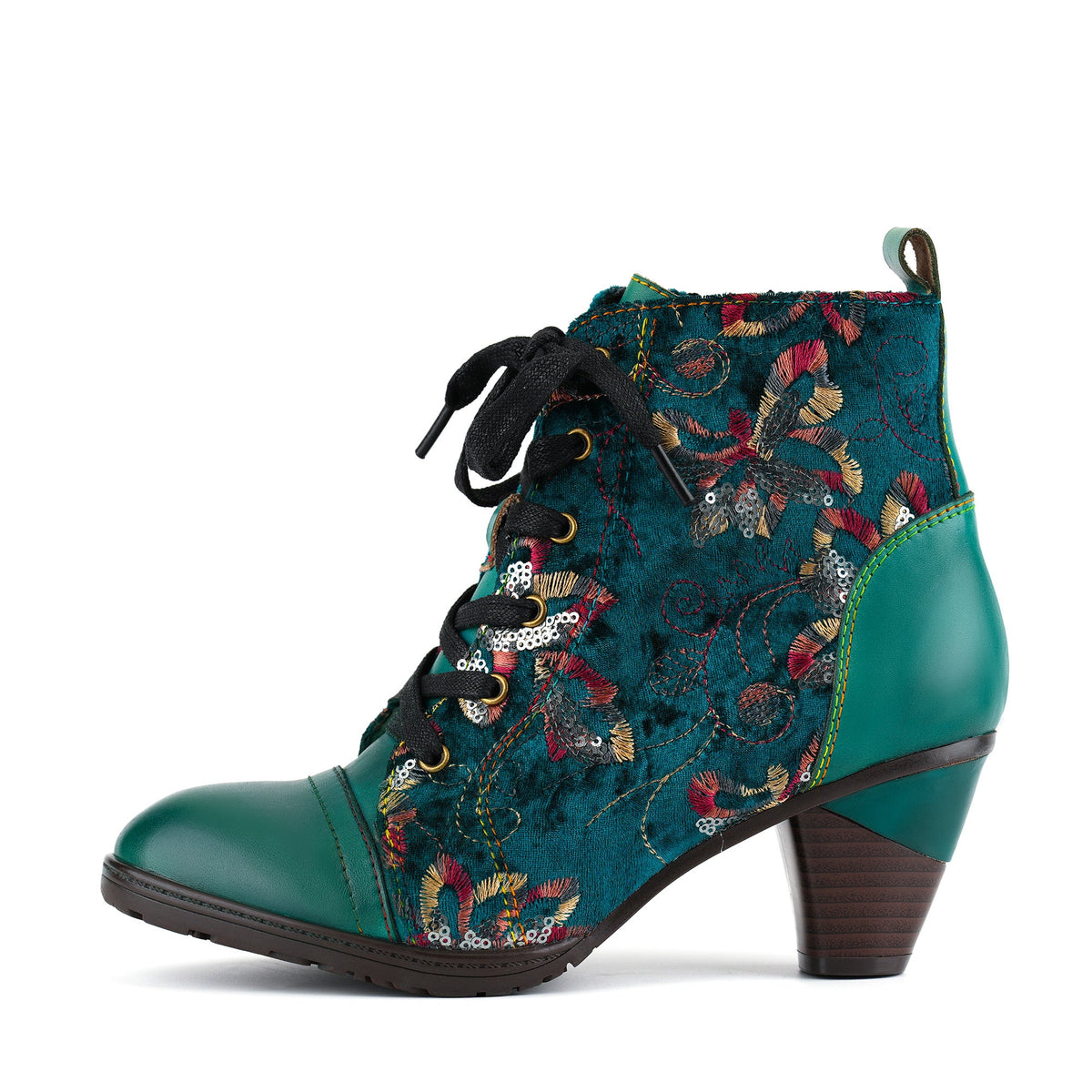 Marisol | Women's Floral Velvet Lace-Up Ankle Boots