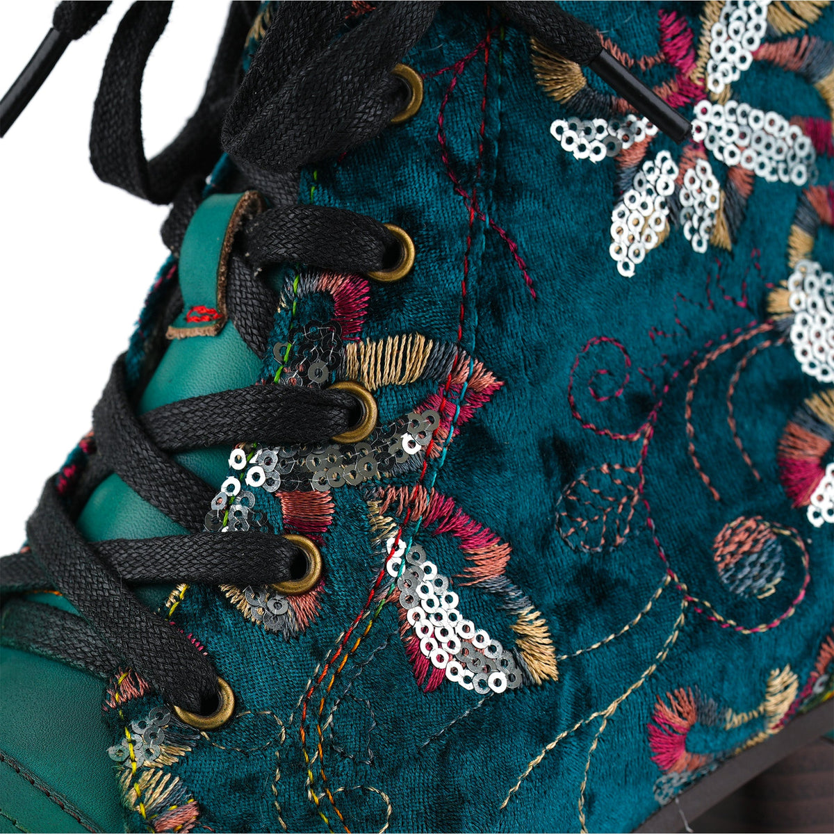 Marisol | Women's Floral Velvet Lace-Up Ankle Boots