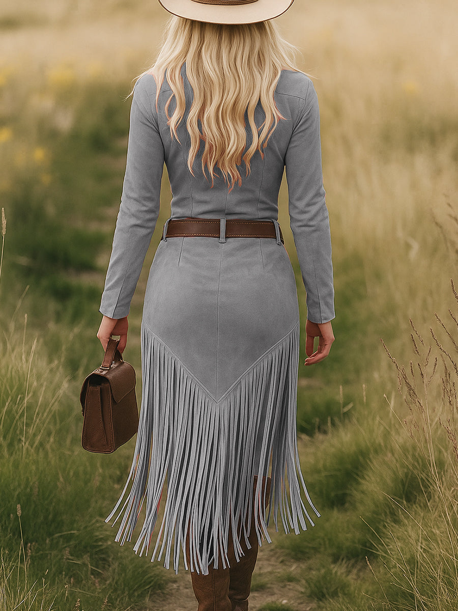 Dakota | Women's Western Lapel Zip-Front Tasseled Midi Dress