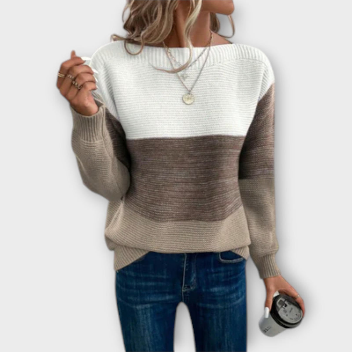 Marina | Women's Color Block Ribbed Sweater with Wide Round Neck