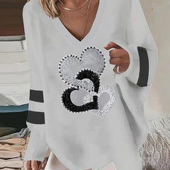 Lolita | Women's Oversized V-Neck Sweater Sequin Heart Print Top