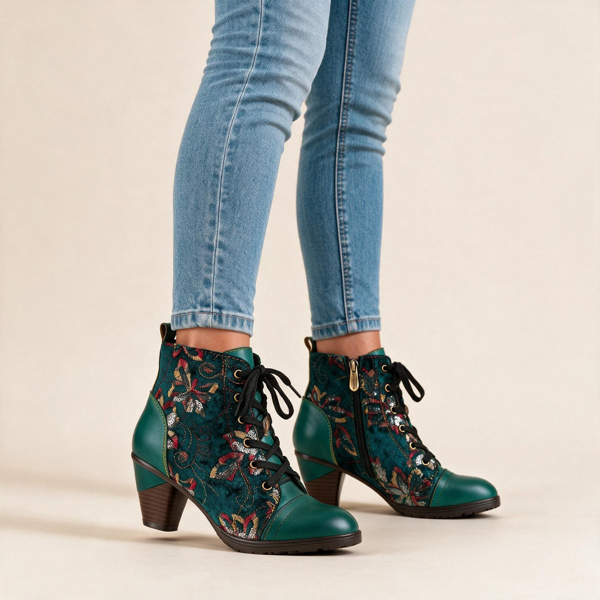 Marisol | Women's Floral Velvet Lace-Up Ankle Boots