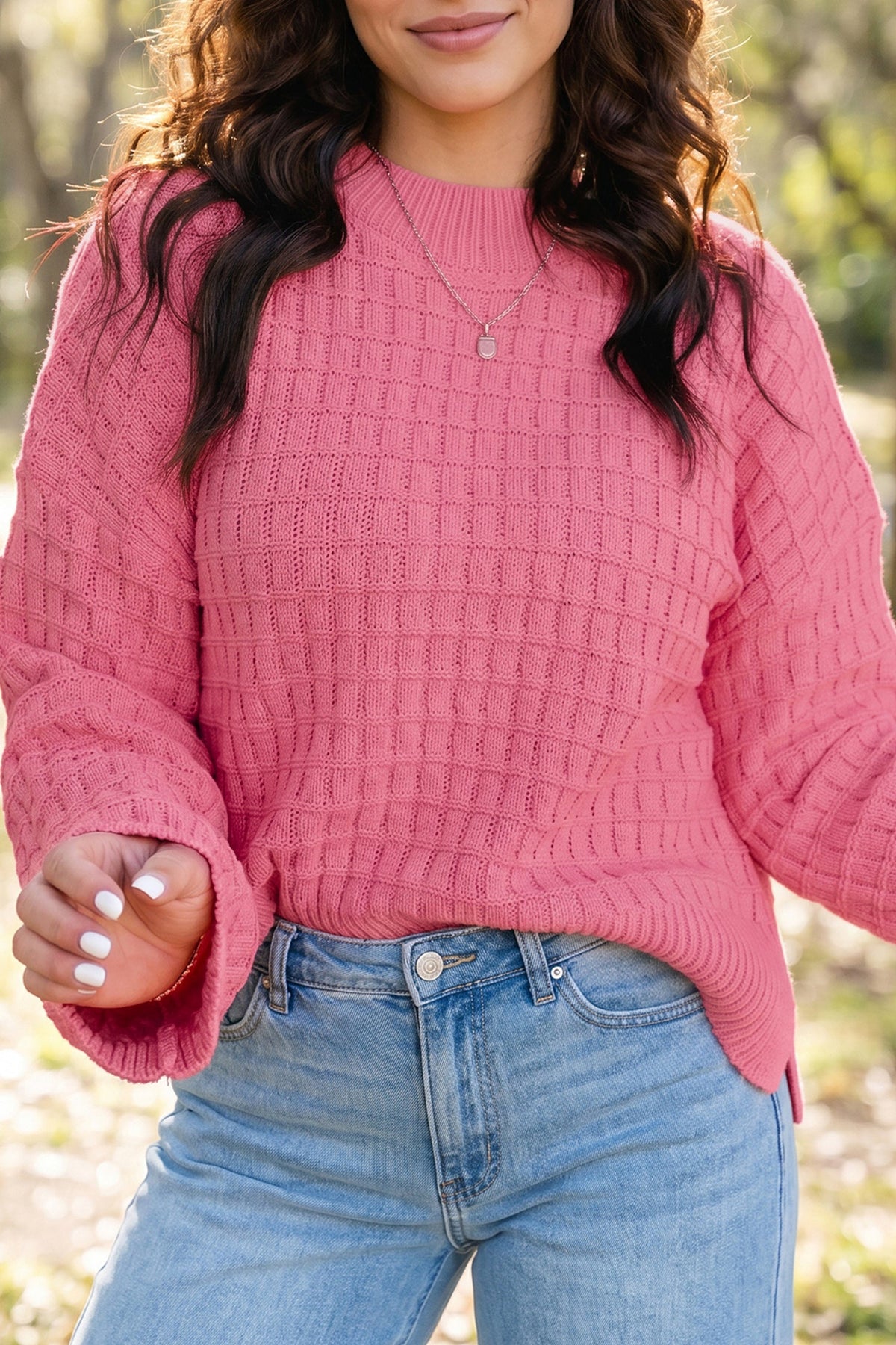 Peyton | Women's Waffle Knit Round-Neck Sweater with Side Slits