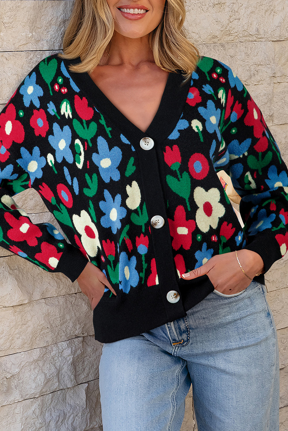 Marielle | Women's Floral V-Neck Buttoned Short Cardigan