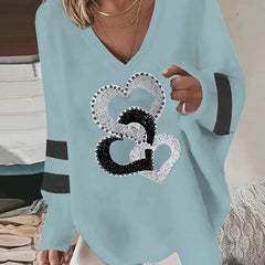 Lolita | Women's Oversized V-Neck Sweater Sequin Heart Print Top