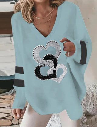 Lolita | Women's Oversized V-Neck Sweater Sequin Heart Print Top