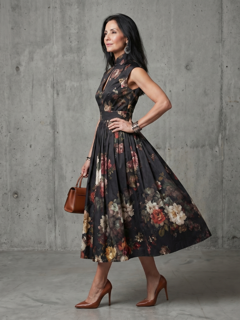 Greta | Women's High Neck Keyhole Pleated Midi Dress