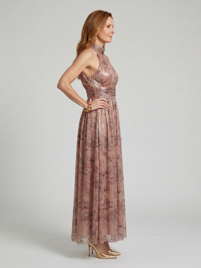 Imogen | Women's Textured Pleated High-Neck Midi Dress