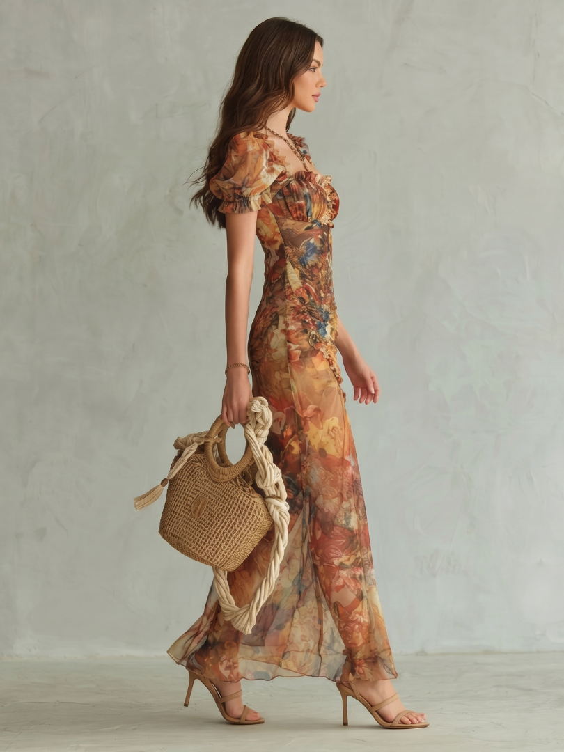 Ciel | Women's Ruffled Sleeve Ruched Midi Dress
