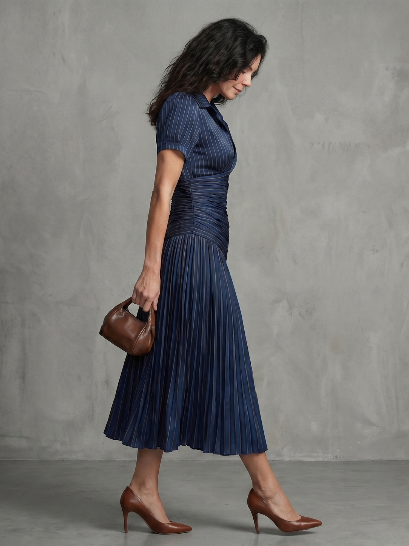 Theodora | Women's Pleated Waistline Striped Midi Dress