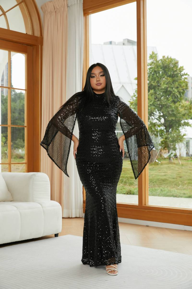 Seraphina | Women's High Neck Sequin Bell Sleeve Mermaid Maxi Dress