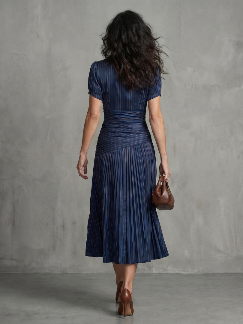 Theodora | Women's Pleated Waistline Striped Midi Dress