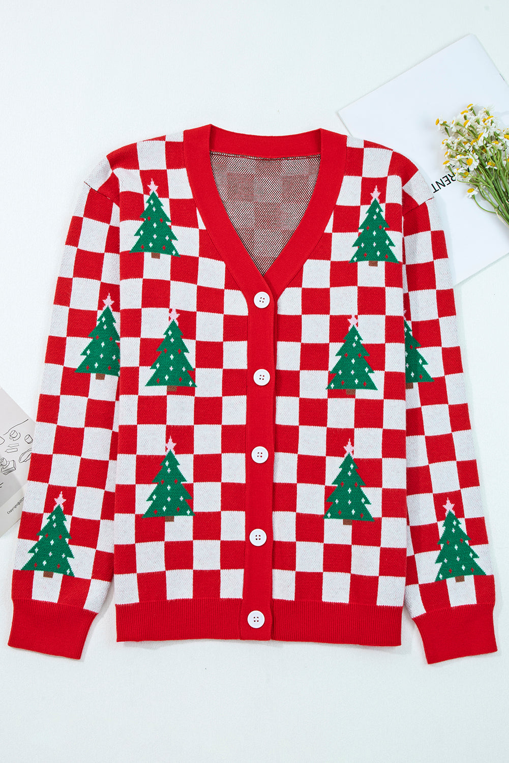 Noelle | Women's Checkered Christmas Tree Button V-Neck Cardigan